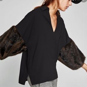 Zara | Black Blouse with Faux Fur Sleeves